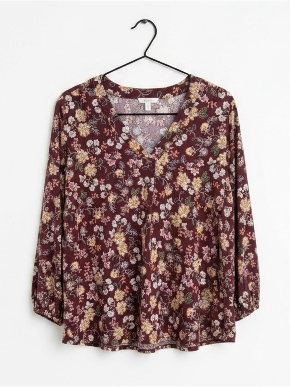 Vince Camuto Women’s Medium Burgundy Floral V-Neck 3/4 Sleeve Tunic Blouse